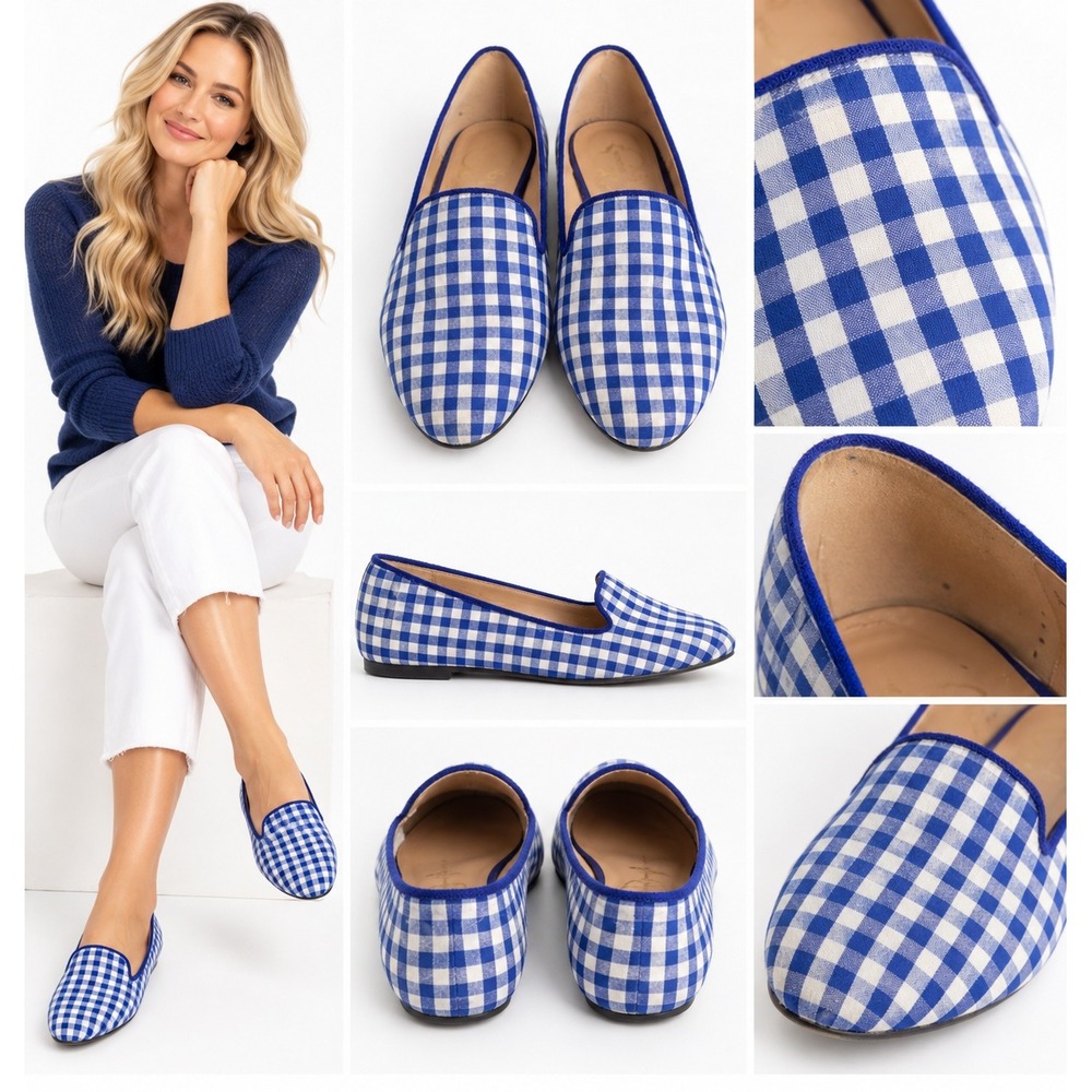 C Wonder 8 Blue Gingham Celosia Smoking Loafers Flats Preppy Coastal Check